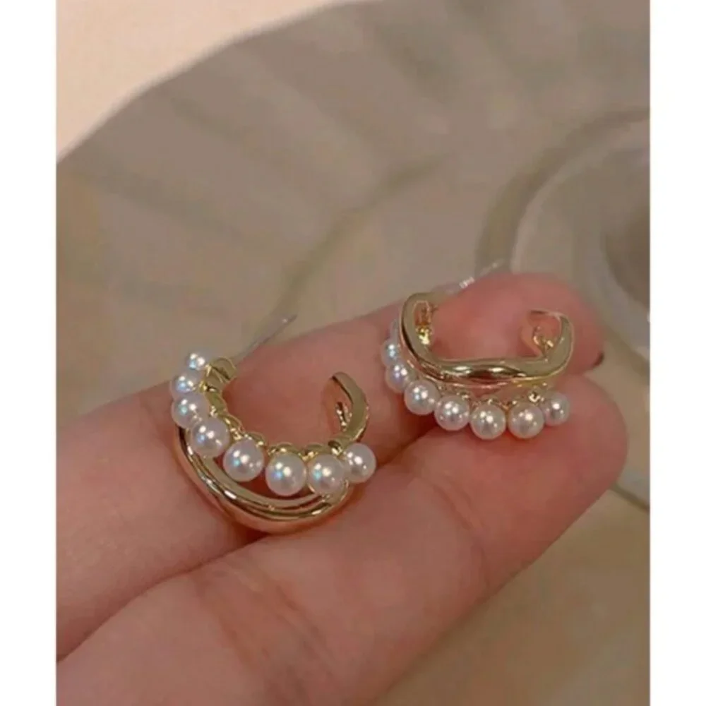 Anthropologie Classy Pearl Stud Half Hoop Earrings